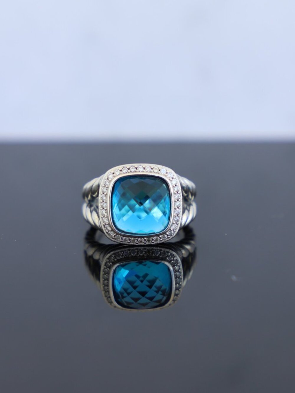David Yurman Sterling Silver 11mm Albion Ring with Blue Topaz & Diamonds size 7 - Picture 2 of 8